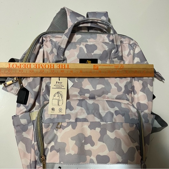 Shiada brand diaper bag backpack with a camouflage pattern in grey, pink, &white - Picture 14 of 15